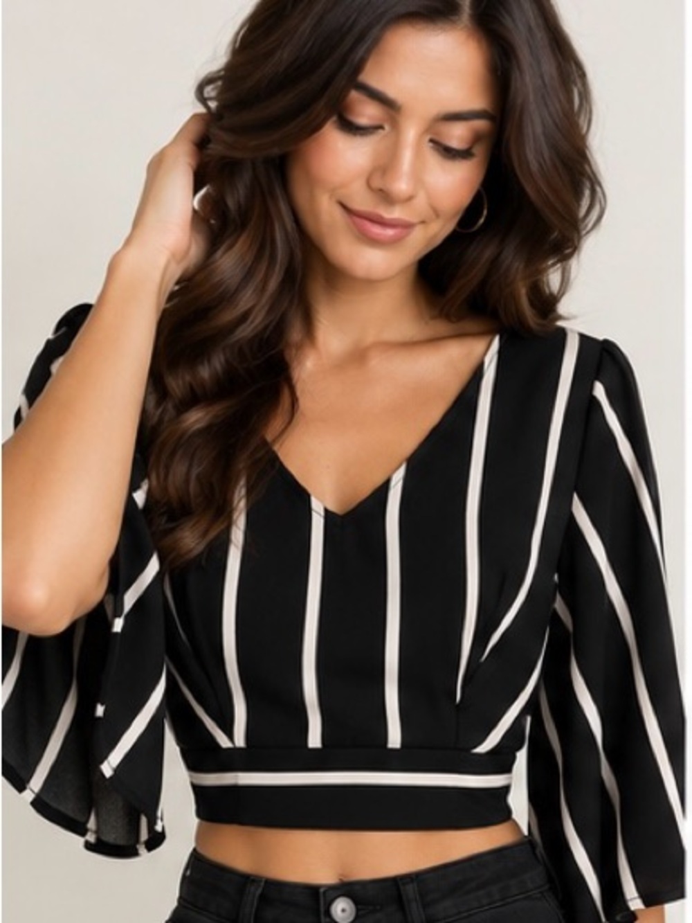 IRIS Black White Striped Bell Sleeve Tie Back Crop Top Size S